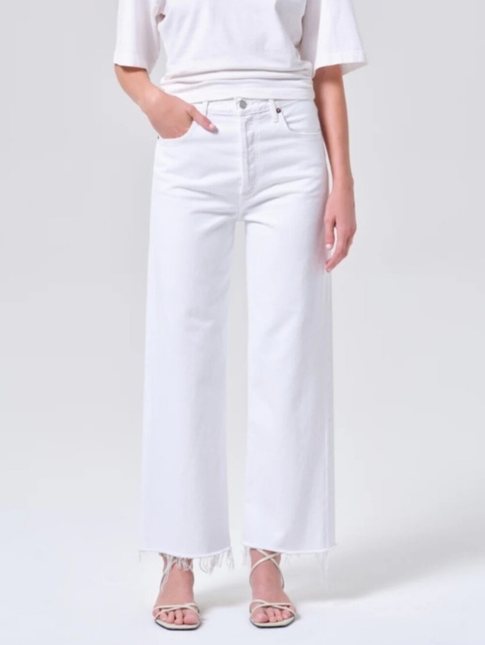 AGOLDE White High Waisted Wide-Leg Raw-Hem Jeans